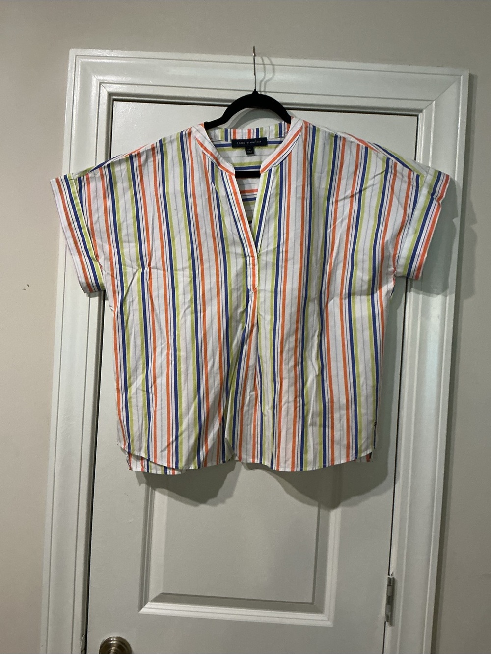 Tommy Hilfiger Vertical Stripe Cotton Tee - White with Orange, Blue, Green